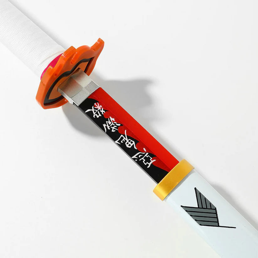Anime cosplay katana with orange guard, white handle, and Japanese text on the red blade