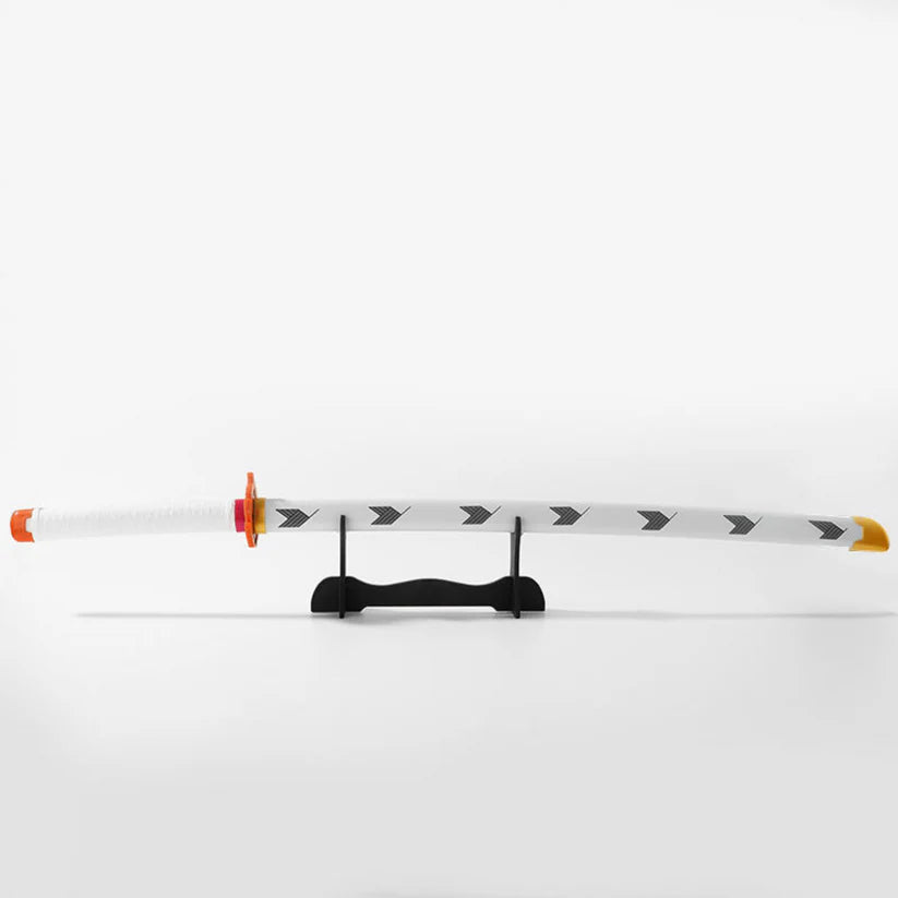 White anime katana with arrow designs, orange and yellow accents, displayed on black stand