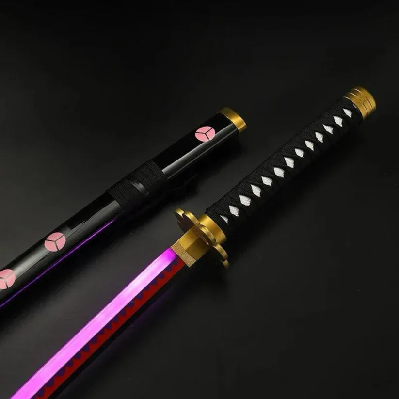 Anime LED katana sword with glowing purple blade, black handle, and decorative sheath
