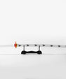 White anime katana with arrow designs, orange and yellow accents, displayed on black stand
