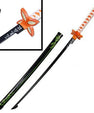 Anime collectible katana sword with orange hilt, black sheath, and Japanese script detail