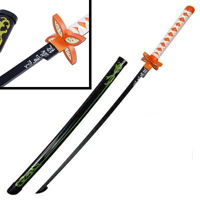 Anime collectible katana sword with orange hilt, black sheath, and Japanese script detail