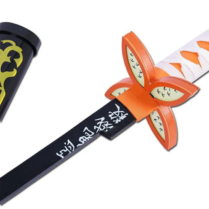 Anime katana sword with orange handguard, engraved blade, and decorative sheath close-up