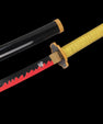 Anime katana sword with yellow handle, black sheath, and red flame blade design