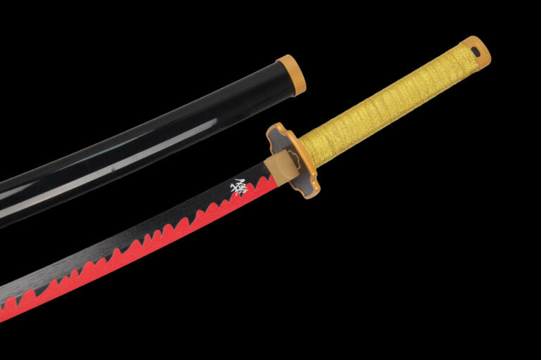 Anime katana sword with yellow handle, black sheath, and red flame blade design
