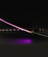 LED anime katana sword with glowing pink blade and black sheath on display stand