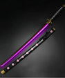 Anime LED katana with glowing purple blade, black handle, and matching scabbard with pink emblems