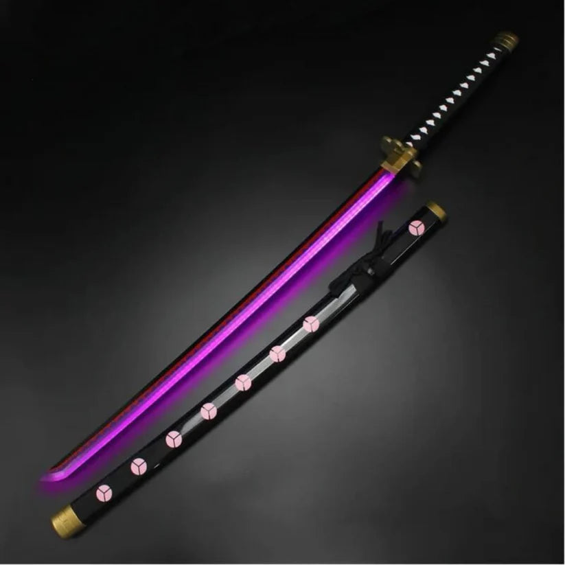 Anime LED katana with glowing purple blade, black handle, and matching scabbard with pink emblems