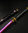 Anime LED katana sword with glowing purple blade, black handle, and decorative sheath