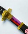 Anime-inspired katana with black handle, gold guard, and vibrant purple blade in sheath