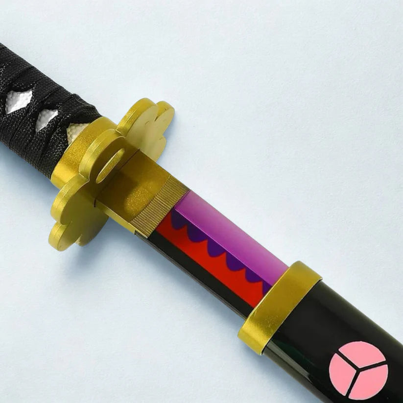 Anime-inspired katana with black handle, gold guard, and vibrant purple blade in sheath