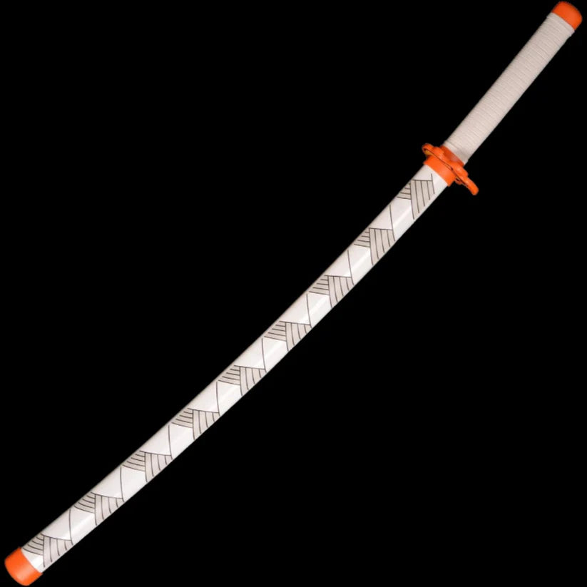 White sheathed anime katana with orange guard and tip, geometric pattern on scabbard