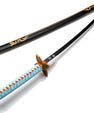 Anime katana replica with blue handle, butterfly guard, and black sheath with gold accents