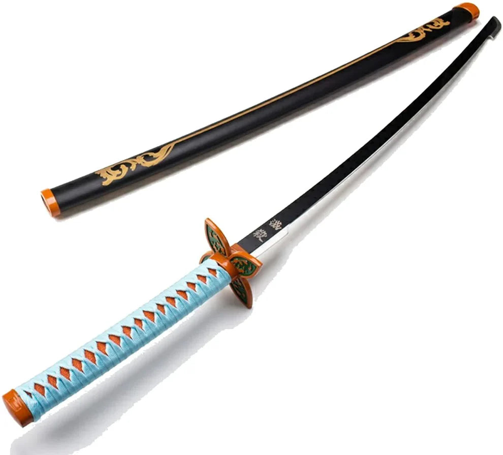 Anime katana replica with blue handle, butterfly guard, and black sheath with gold accents