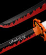 Anime collectible katana with black and red flame blade, orange guard, and white handle