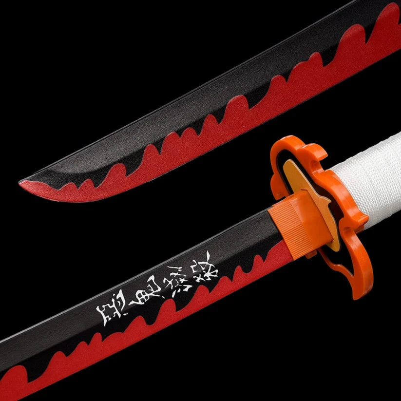 Anime collectible katana with black and red flame blade, orange guard, and white handle