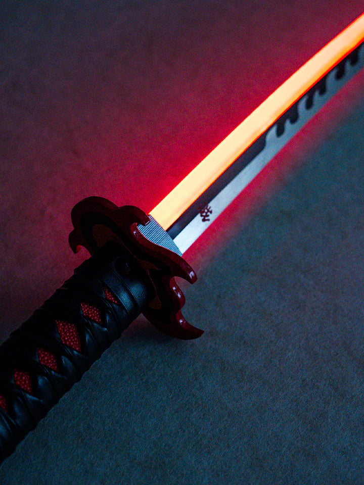 Anime-inspired LED katana with illuminated blade and detailed hilt on a dark surface