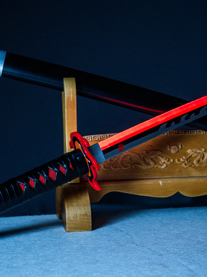 Anime-inspired red and black katana sword on decorative wooden stand