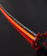 LED Nichirin katana sword with glowing red blade, black handle, and flame guard on black background