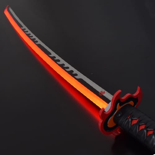 LED Nichirin katana sword with glowing red blade, black handle, and flame guard on black background