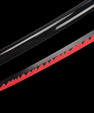 Black katana with red flame pattern blade and gold-tipped sheath on black background