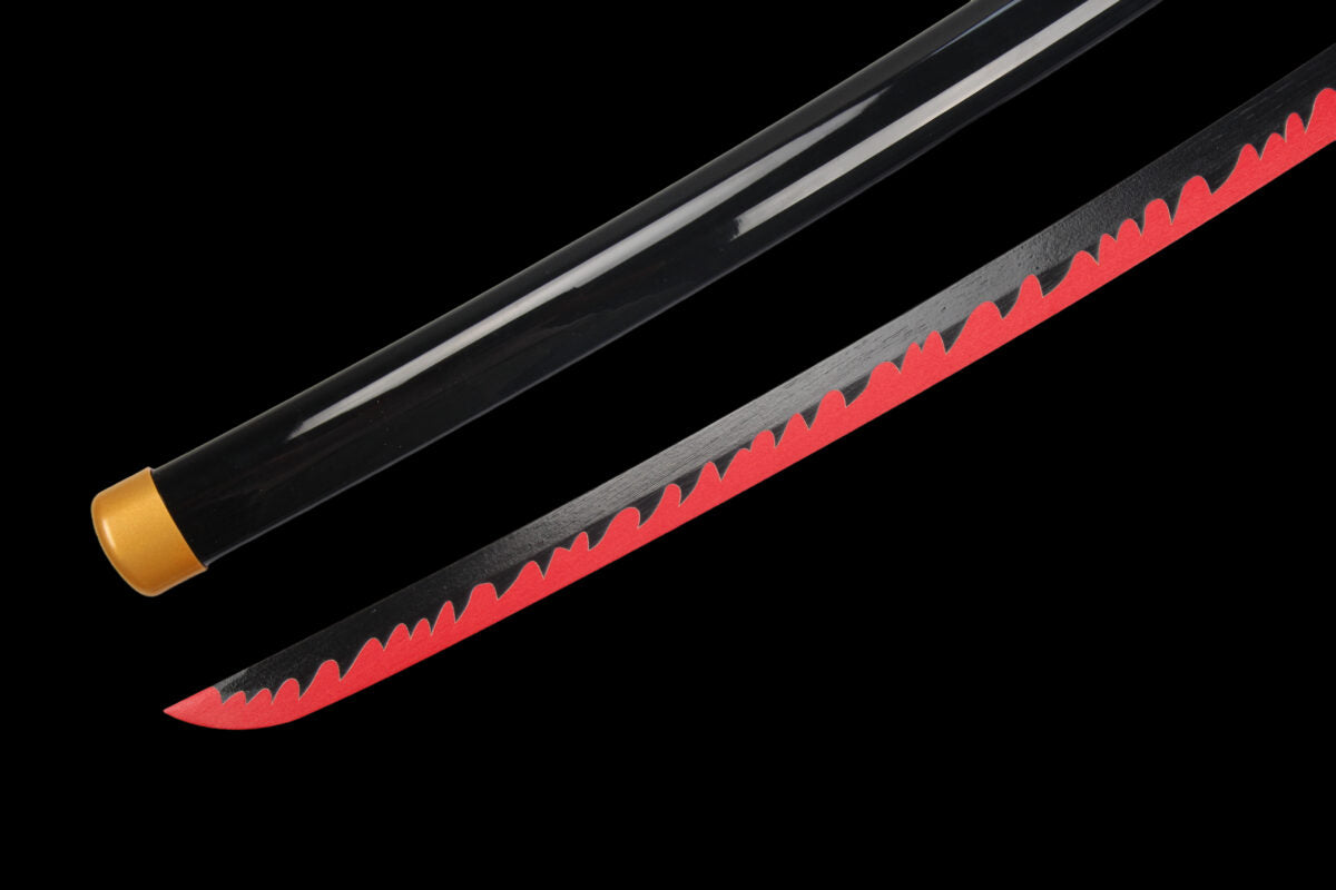 Black katana with red flame pattern blade and gold-tipped sheath on black background