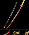 Anime katana collectible with black sheath, yellow handle, and red jagged blade design