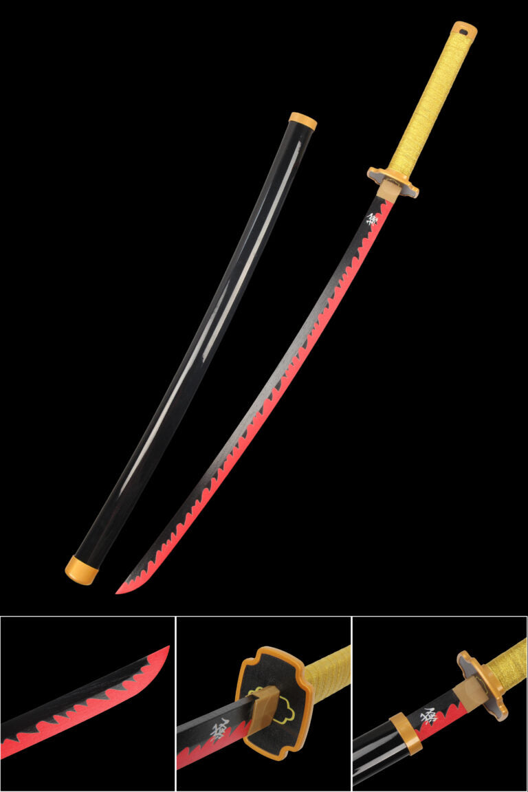 Anime katana collectible with black sheath, yellow handle, and red jagged blade design