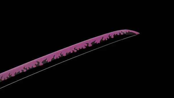 Purple anime katana blade with black flame pattern on a black background