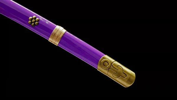 Purple anime katana scabbard with gold accents and floral emblem on black background