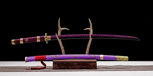 Purple-bladed handmade anime katana with gold accents on display stand, decorative sheath below.
