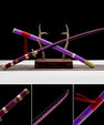 Handmade anime katana with purple blade and gold accents, displayed on a stand