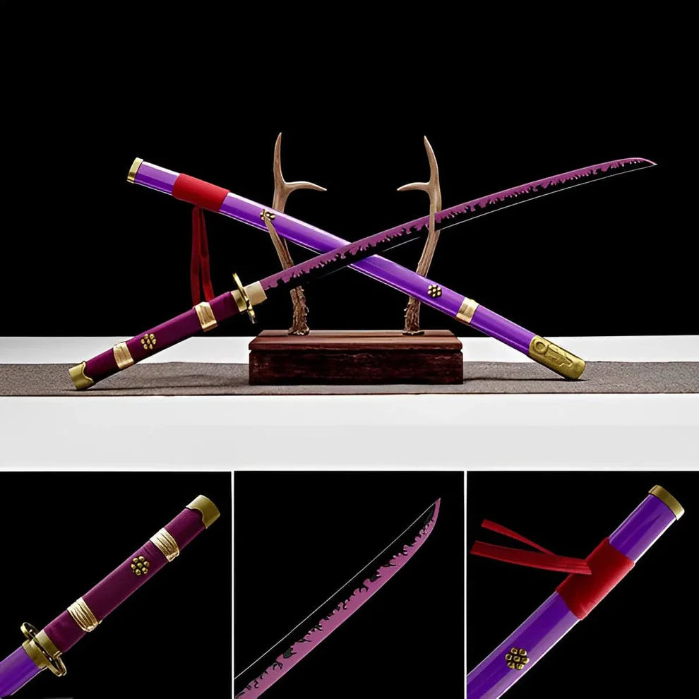 Handmade anime katana with purple blade and gold accents, displayed on a stand