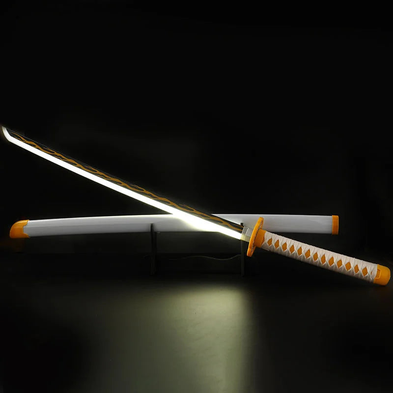 Anime LED katana sword with yellow hilt and glowing blade on display against black background