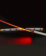 Anime-inspired red LED katana sword with white sheath on display stand, black background