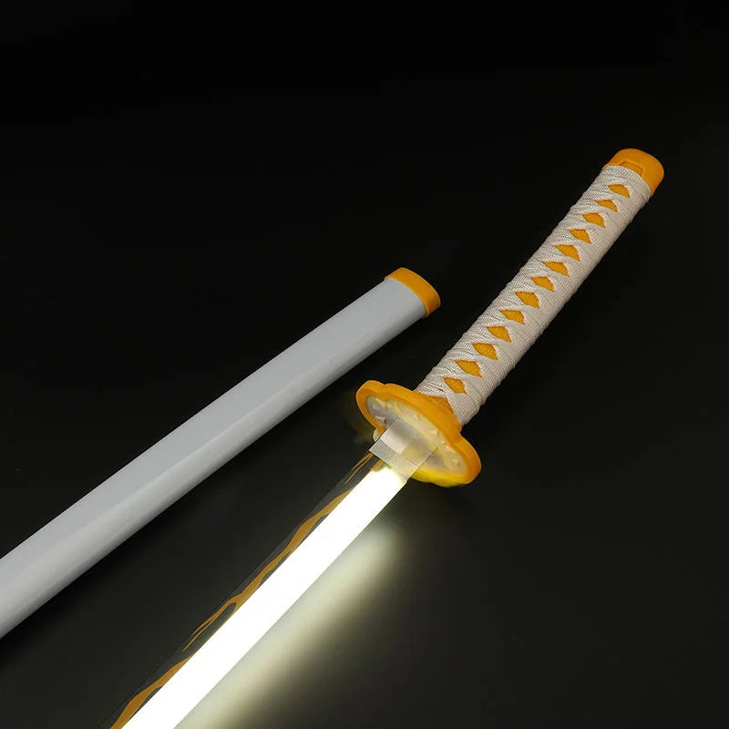 Anime LED katana sword with glowing blade, yellow hilt, and matching scabbard