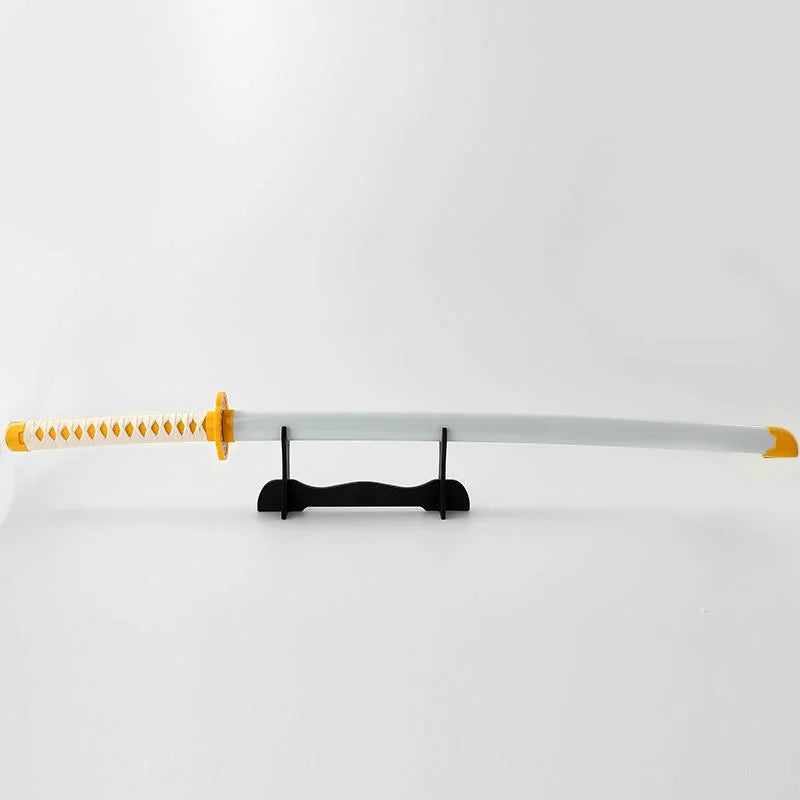 Anime collectible katana sword with white blade, yellow accents, and display stand