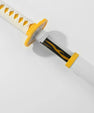 Anime katana with white handle, yellow guard, and black blade with yellow flame design