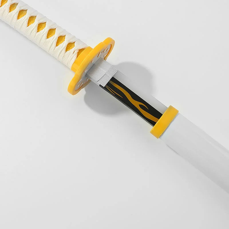Anime katana with white handle, yellow guard, and black blade with yellow flame design