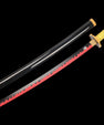 Anime-style LED katana with yellow handle and red-edged blade, black sheath on black background