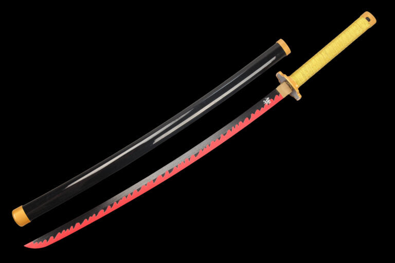 Anime-style LED katana with yellow handle and red-edged blade, black sheath on black background