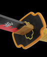 Close-up of anime katana with black blade, red pattern, and decorative yellow handle