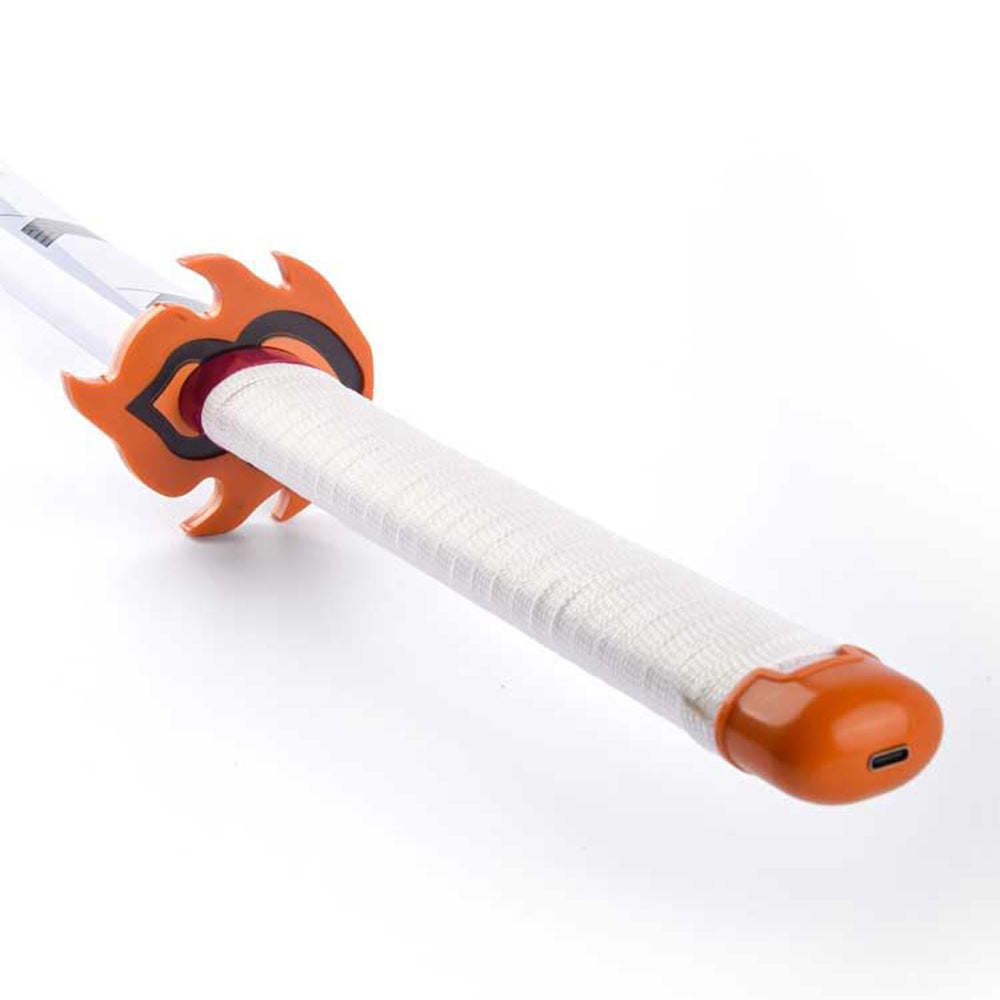 Anime LED katana handle with orange flame-themed guard and USB charging port
