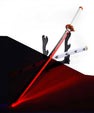 Anime-inspired LED katana sword with white handle, glowing red blade, and display stand