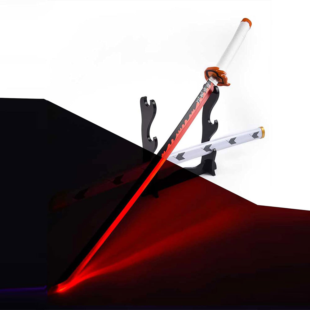 Anime-inspired LED katana sword with white handle, glowing red blade, and display stand
