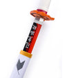 Anime katana sword with orange guard, Japanese characters, and white sheath on white background