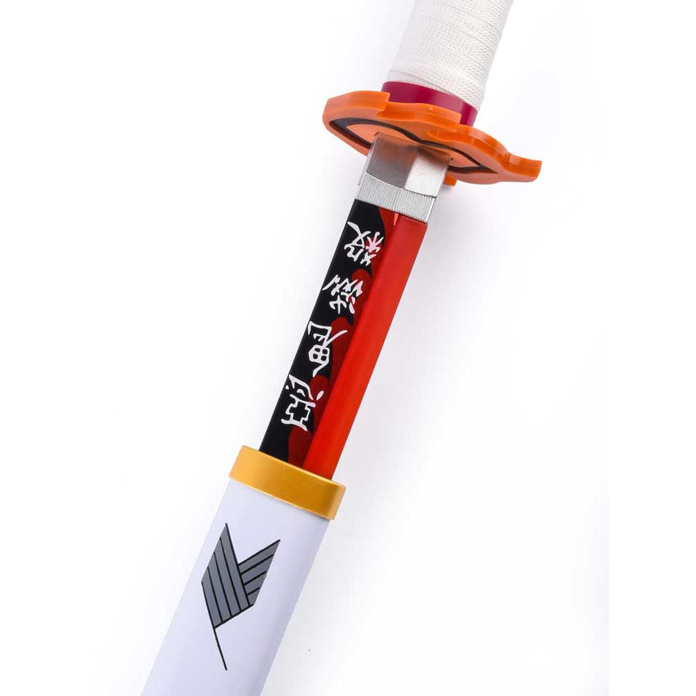 Anime katana sword with orange guard, Japanese characters, and white sheath on white background